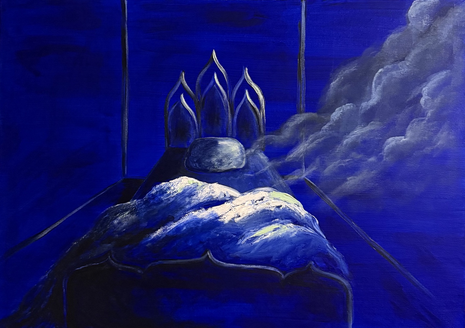 Blue surrealist painting by Medea Kirimeli